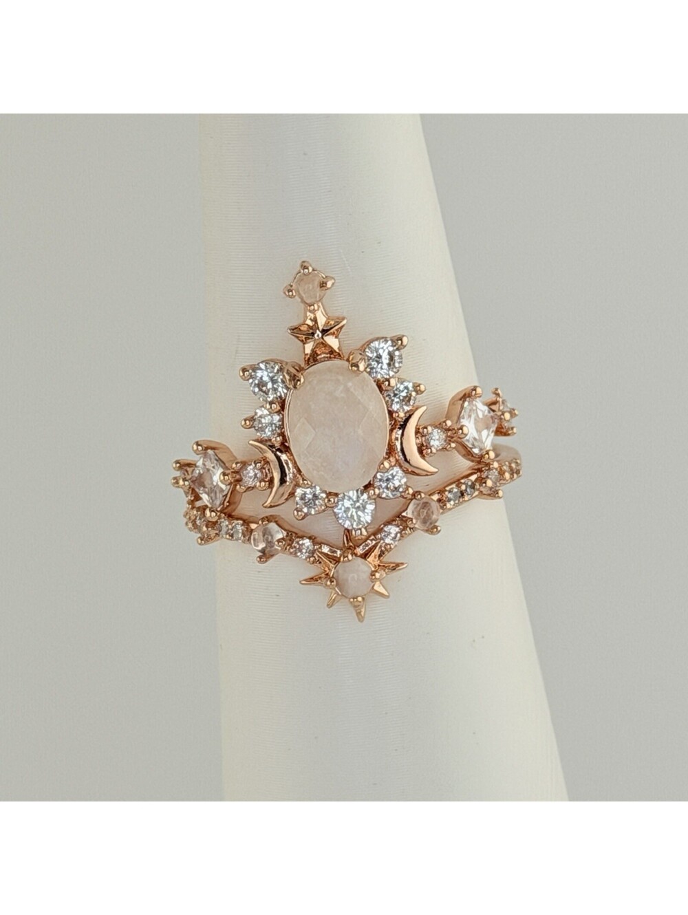 Bomb Party Halo Sz 8 "Always With Me" Genuine Moonstone on Rose Gold Moons